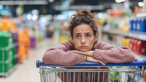 Melancholy Shopper in Supermarket: A woman in a shopping cart gazing with a weary expression, the bustling supermarket becomes a stage for unspoken feelings of exhaustion.