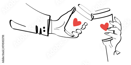Hand holding take away coffee in reusable cup one line continuous drawing. Fast drink flat design. Takeaway drink in paper mug. Coffee to go. Vector linear illustration