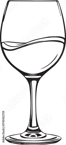 Wine glass with swirling liquid, black and white vector illustration for dining, tasting, or beverage design