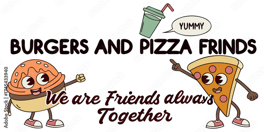 Fototapeta premium Burger and pizza friends, a yummy treat! Cartoon style food characters, ideal for restaurant promos, fun menus, and children's designs, cute food