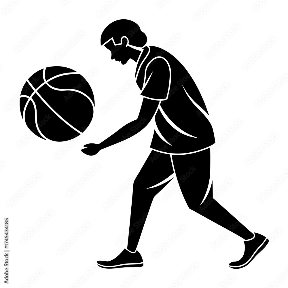 Fototapeta premium Stylized black silhouette of a person playing basketball dribbling the ball