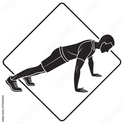 Silhouette of a man performing a push up exercise within a diamond shape on a white background