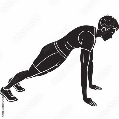Silhouette of a man performing a plank exercise on a white background emphasizing core strength and fitness