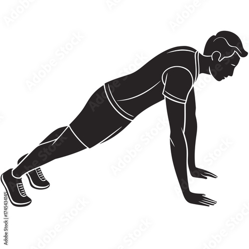 Silhouette of a man performing a push up exercise in athletic wear on a white background