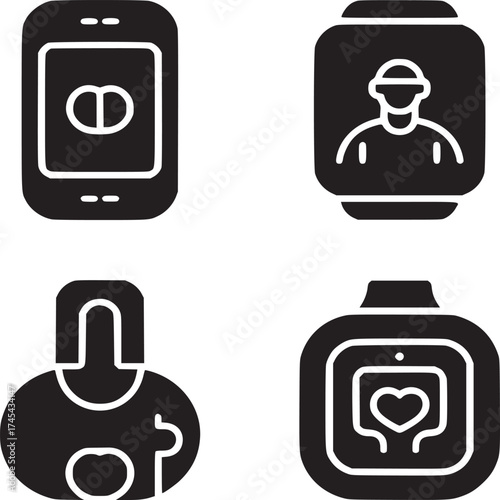 Four black and white icons depicting a mobile phone a smart watch and two fitness tracker devices