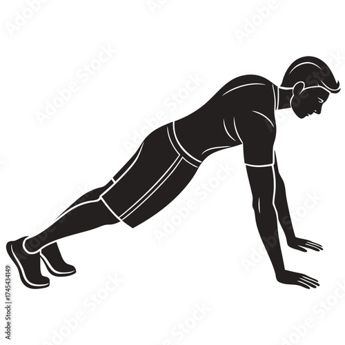 Silhouette of a man performing a push up exercise in a dynamic pose emphasizing fitness and strength training