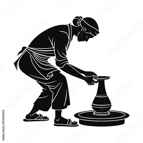 Potter Silhouette Creating Ceramic Art, Creative Process in Pottery Studio on White Background