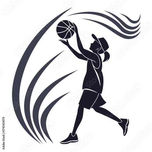 Silhouette of a female basketball player in action with dynamic swoosh graphic elements