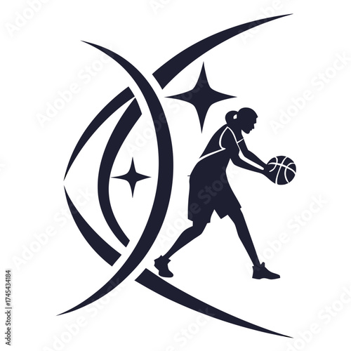 Silhouette of a female basketball player dribbling a ball with abstract swirling lines and stars