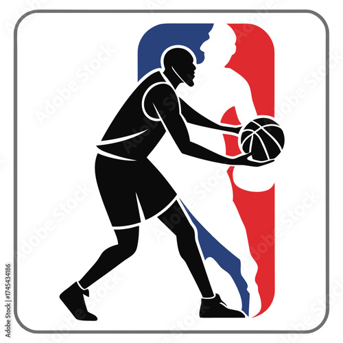 Stylized silhouette of a basketball player dribbling with the nba logo in the background