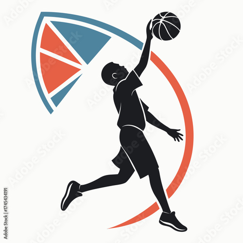Silhouette of a basketball player dunking a ball with abstract graphic elements in blue and orange