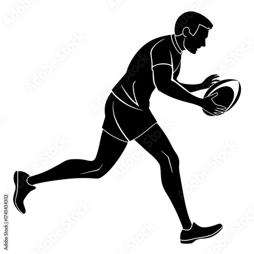 Silhouette of a male rugby player running with the ball in a dynamic pose