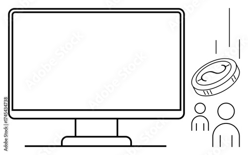 Computer monitor with coin dropping near user icons, symbolizing digital payments, online business, crowdfunding. Ideal for finance, technology, user interaction, economics, business connectivity