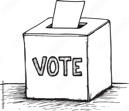 Sketchy Hand Drawn Ballot Box with VOTE Text and Casting Paper Vector Illustration