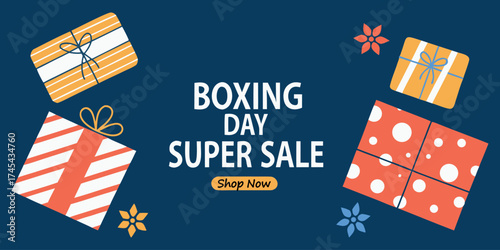 Exciting Boxing Day super sale with festive gift boxes, perfect for attracting holiday shoppers seeking the best deals and promotions, vector design