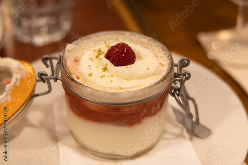 Close-up of Raspberry Tiramisu in Paris, French Creative Pastry Cuisine