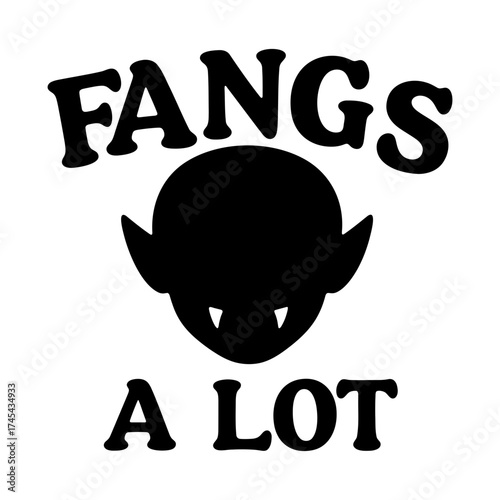 Illustration of a black silhouette vampire head with fangs a lot text on a white background