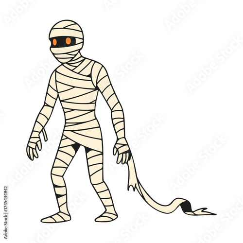 Illustration of a cartoon mummy with glowing eyes and bandages trailing behind it on a white background