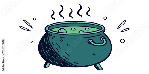 Enchanting cauldron bubbling with magical potion, perfect for Halloween designs, spooky invitations, or fantasy-themed projects, originally from vector art