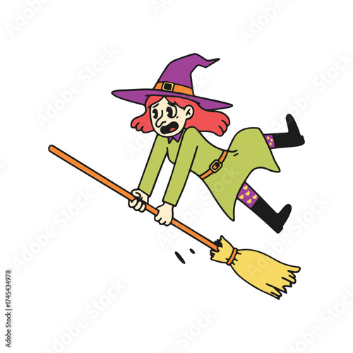 Cartoon witch with red hair flying on a broom wearing a purple hat and green dress on white background