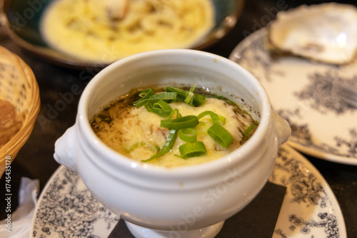Close-up of French Onion Soup in Paris, Classic French Cuisine