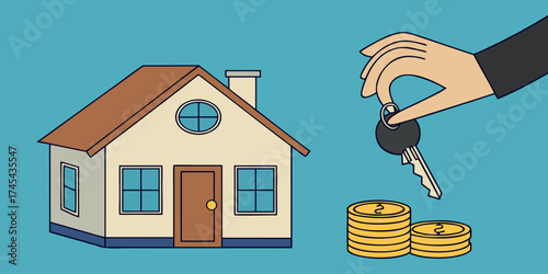 Unlock Your Dream Home Modern Illustration Showing Keys Handed Over with Real Estate House and Savings Representing Financial Security and New Beginnings