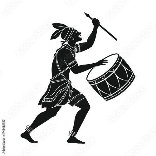 African Drummer Silhouette Image of Tribal Warrior with Spear and Instrument on White Background