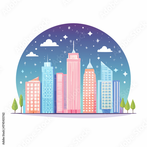 City Skyline Illustration at Night, Urban Architecture, Colorful Landscape, Vibrant Environment, Artistic Viewpoint