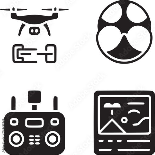 Icons depicting a drone, drone controller, drone battery, and a picture taken by the drone camera