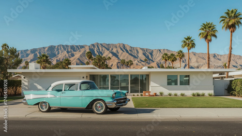 Aqua 1957 Chevrolet Bel Air Parked in Front of a Modern Palm Springs Home
