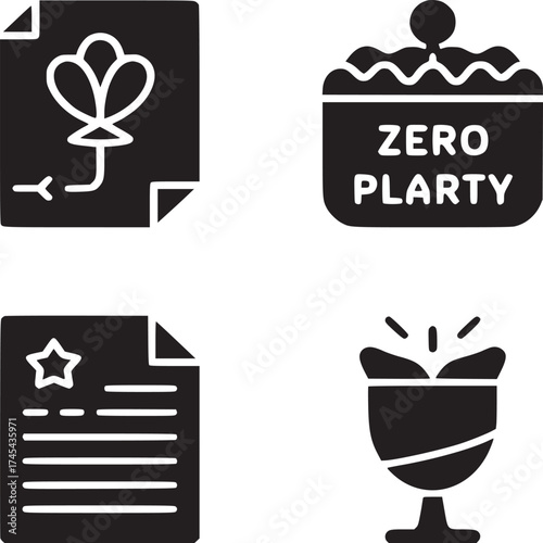 A collection of icons featuring a balloon diagram, zero plarty box, star document, and a dessert glass