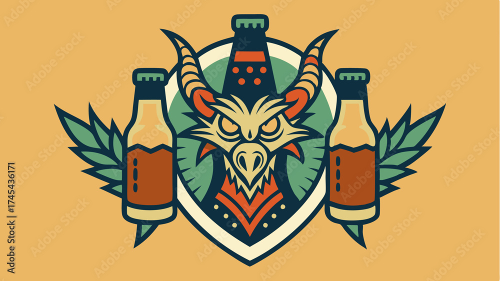 Obraz premium A classic ale bottle with intricate label art showcasing a mythical creature holding two mugs of beer.