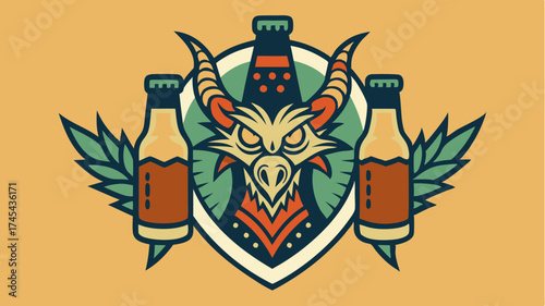 A classic ale bottle with intricate label art showcasing a mythical creature holding two mugs of beer.