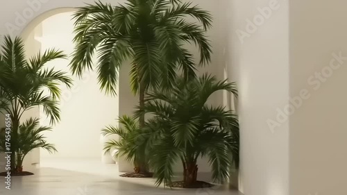 Palm trees in a bright room with an archway and white walls.
