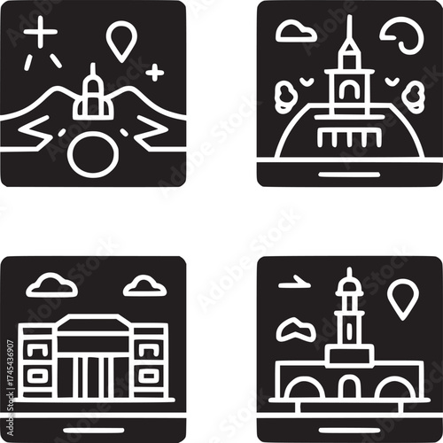 Four black and white square icons depicting various landmarks and architectural structures in a grid layout