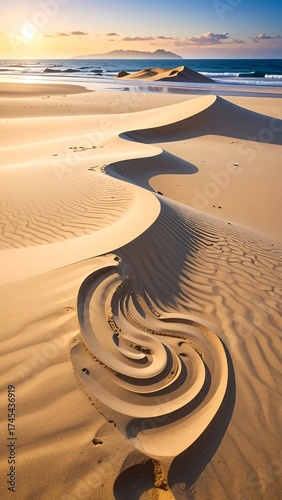Sandy dunes with a spiral-like shape by the ocean
