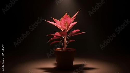 Red Aglaonema Plant in Spotlight - A Study in Contrast and Beauty.
