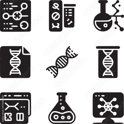 Collection of science and biology icons featuring dna strands and laboratory equipment in black silhouette