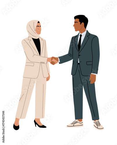 Flat vector illustration of a stylish Arab woman in modern hijab and beige suit shaking hands with a man in blue suit and sneakers, isolated on transparent background