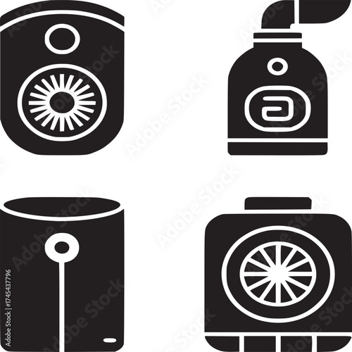 Four black and white icons depicting various appliances and devices in a minimalist style design layout