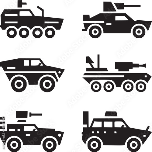 Collection of six different armored military vehicles in black silhouette on a white background