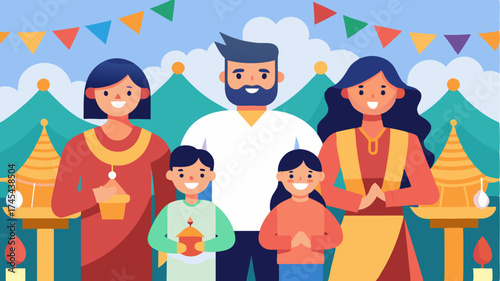 A family of travelers sharing moments at a festival with colorful decorations and traditional performances in the background.