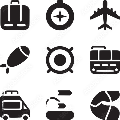 A collection of travel and transportation icons arranged on a white background in a square format