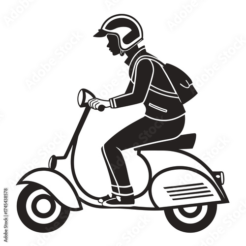 Stylized silhouette of a person wearing a helmet and backpack riding a scooter