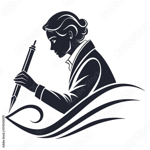 Elegant silhouette of a woman writing with a quill pen symbolizing creativity and intellectual pursuit
