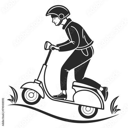 Stylized silhouette of a person wearing a helmet riding a scooter through grass