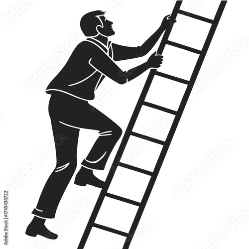 Silhouette of a determined businessman climbing a ladder towards success and career advancement opportunities
