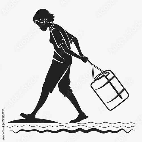 Silhouette of a person walking across water while pulling a large container by a rope