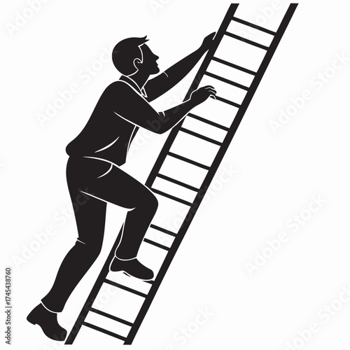 Silhouette of a determined man climbing a ladder towards success and upward mobility in his career journey