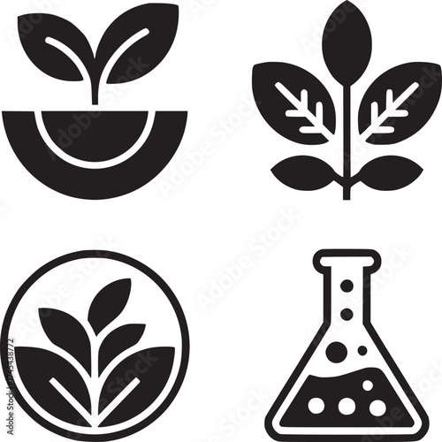 Four black and white icons depicting plant growth, leaves, and a laboratory flask on a white background